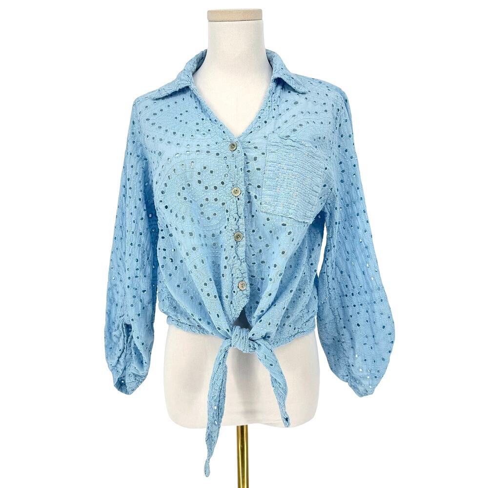 Bohemian Blue Eyelet Sequin Crop Top Button Front Shirt Made in Italy Coastal